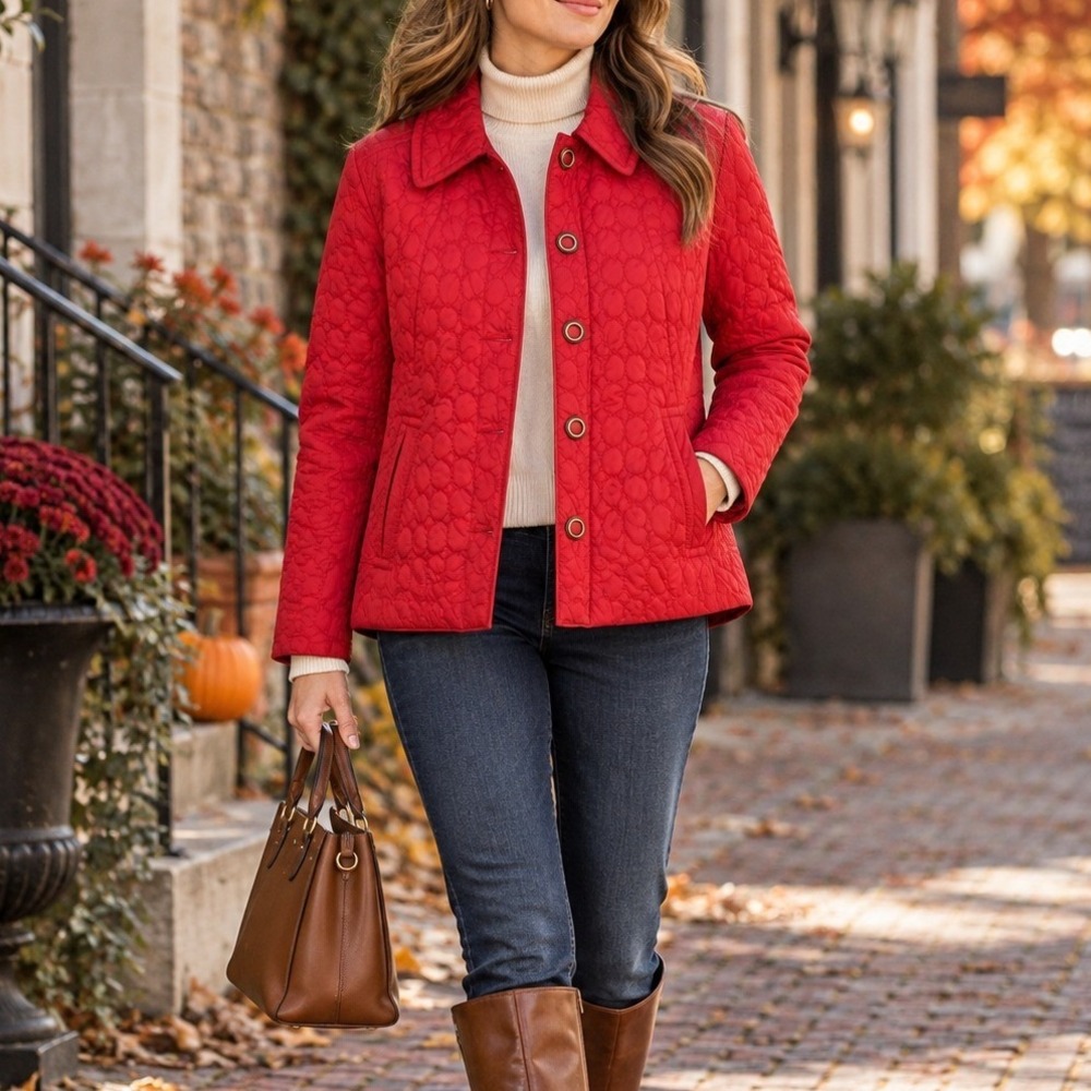 Rafaella Womens Red Circle Quilted Snap Front Lightweight Barn Jacket Large